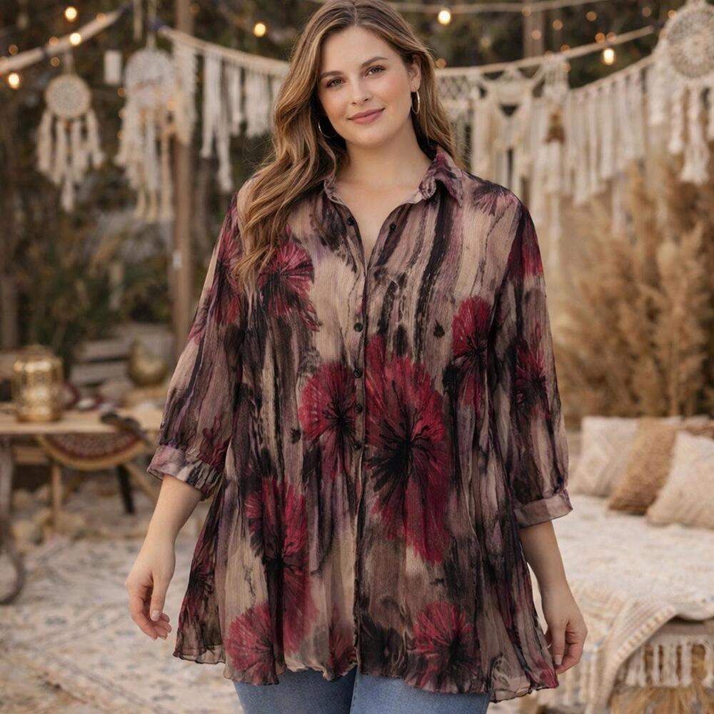 Lindi top tunic medium M pleated sheer mesh lagen look artsy art to wear blouse